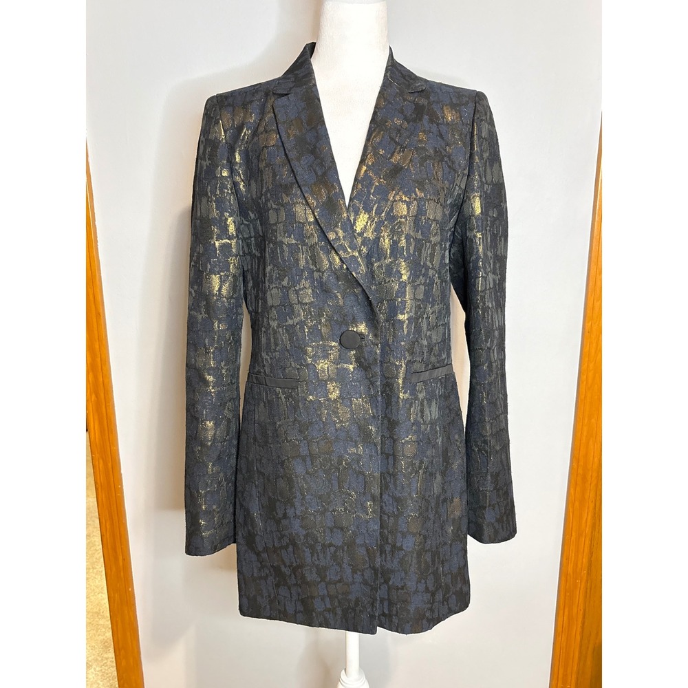 Lafayette 148 New York Gold Navy Metallic Jacquard Longline Blazer Jacket 10